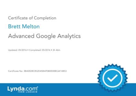 Brett Melton Certificate Advanced Google Analytics