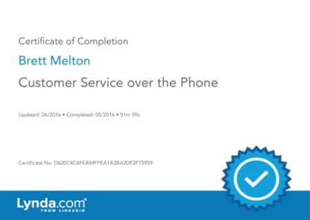 Brett Melton Certificate Customer Service Over The Phone