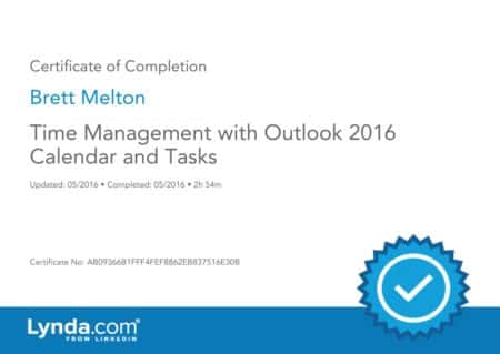 Brett Melton Certificate Time Management with Outlook 2016 Calendar and Tasks