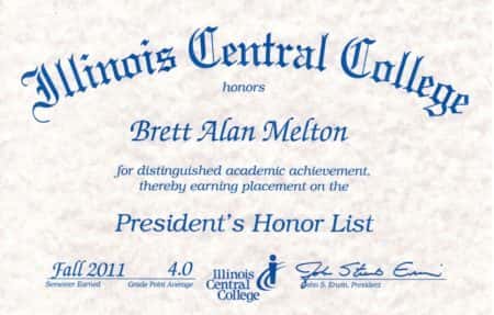 Brett Melton Presidents Honor List 4.0 Fall 2011