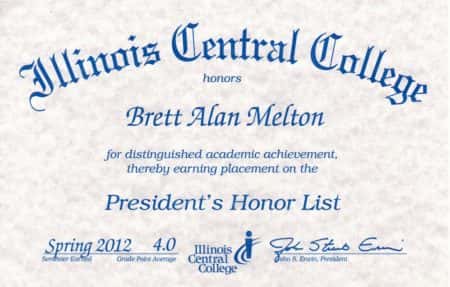 Brett Melton Presidents Honor List 4.0 Spring 2012